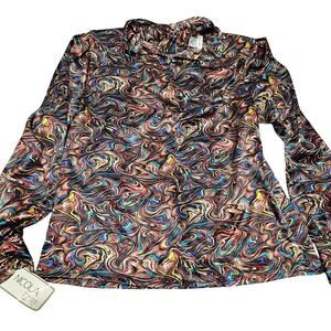 NWT Nicola Blouse Sz 12‎ Multicolor Swirl Print Satin Top Paisley Made Korea Vtg